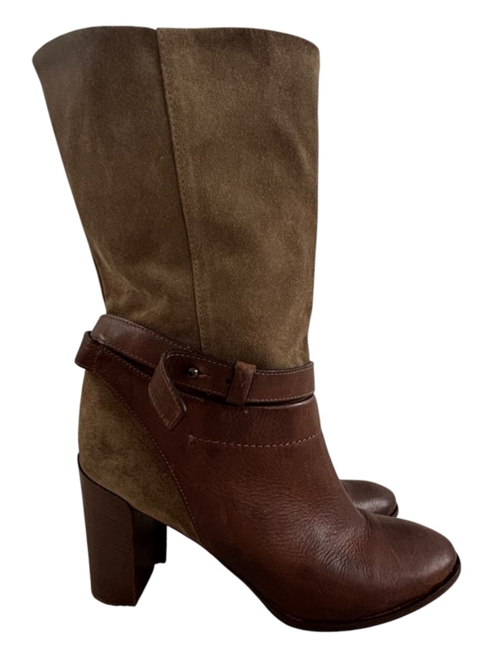 Women’s Vince Brown Two-Tone Suede & Leather Mid-Calf Boots, Size 9.5